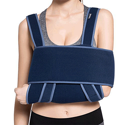 Woman wearing shoulder immobilizer by Velpeau
