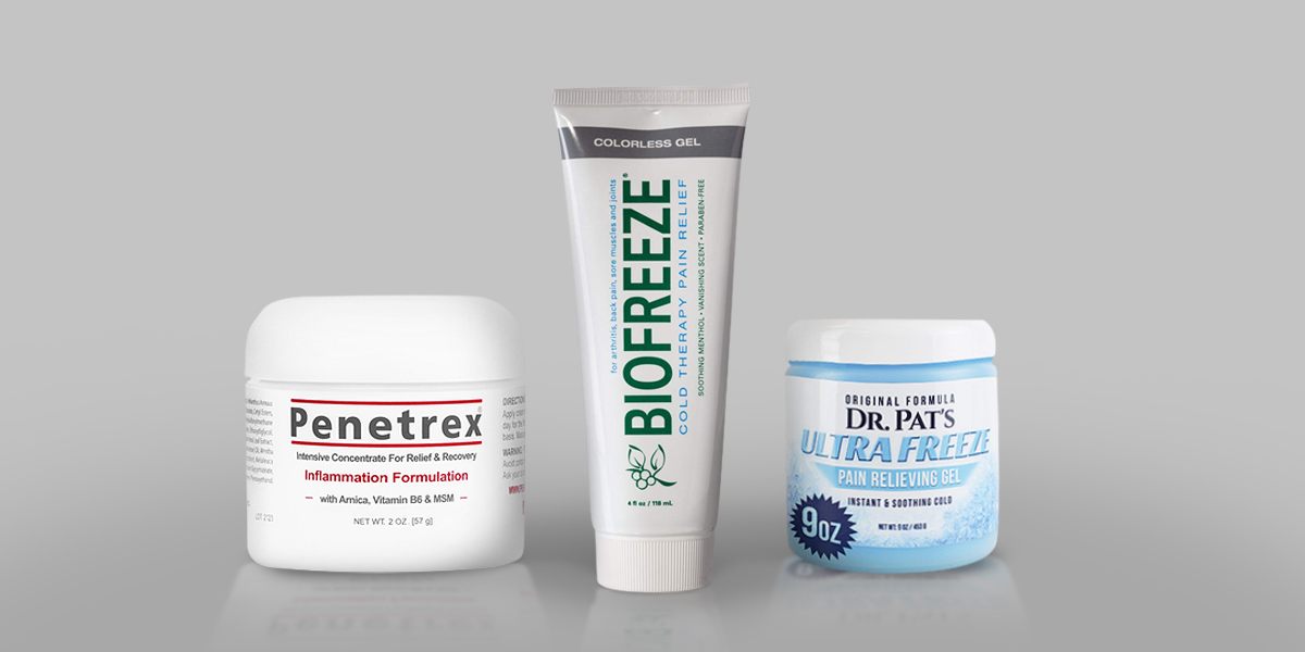 Pain relief creams by Penetrex, Biofreeze and Dr. Pat’s